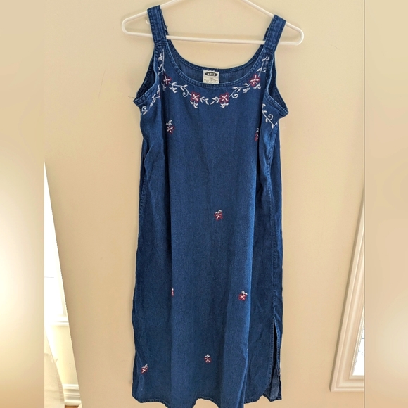 Vintage Cotton Chambray Denim Maxi Sleeveless Dress Artsy Embroidered Size XL - Picture 1 of 7